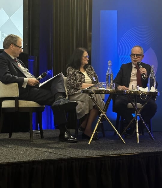 Solicitor Tony Fisher talking on a panel with Law Society President Richard Atkinson and solicitor Sara Chandler at the Law Society's event about The Day of the Endangered Lawyer 2025
