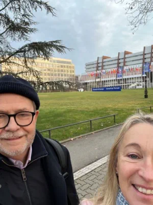 Solicitor Tony Fisher and his wife take a selfie outside the Council of Europe in Strasbourg