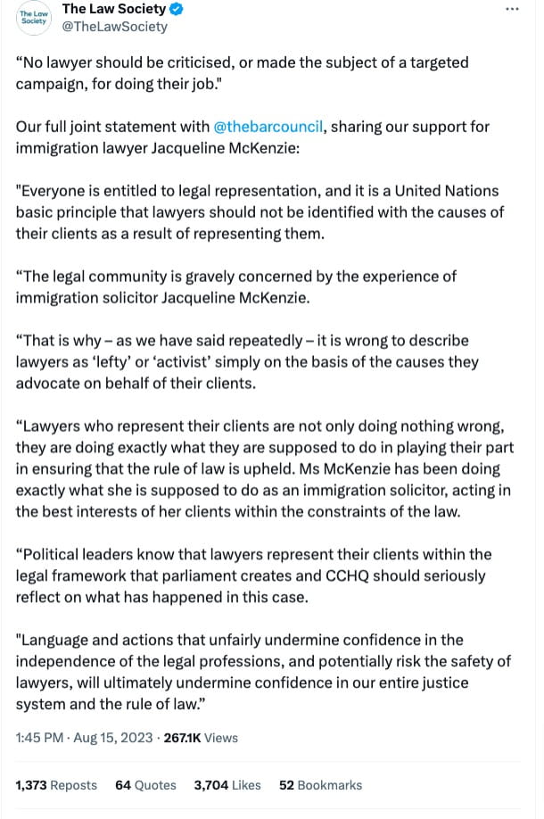 A screengrab of a tweet from the Law Society twitter account, which shows the Law Society's joint statement with the Bar Council on Jacqueline McKenzie. 