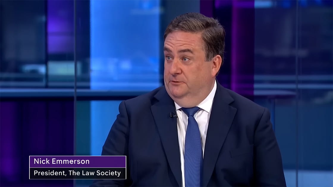 Former Law Society president Nick Emmerson speaking to Channel 4 News about the risk to the safety and wellbeing of solicitors. 