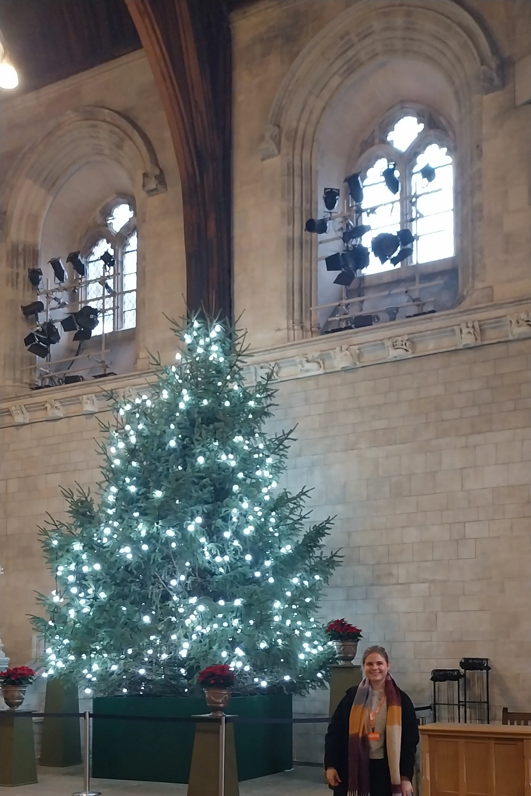 Charlotte Benson stands smiling in Westminster Hall next to a Christmas tree.