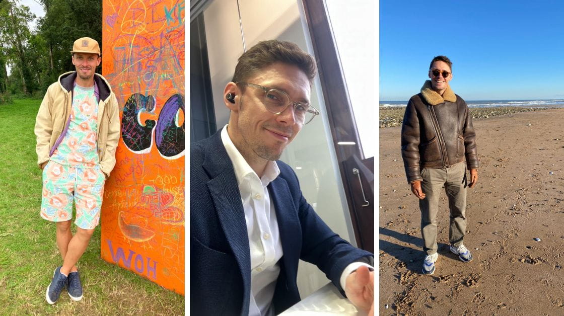 Jason Stephens standing next to an orange wall, at a desk wearing a suit, and by the sea.