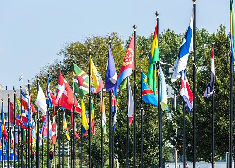 A line of flags of different countries at the Hague