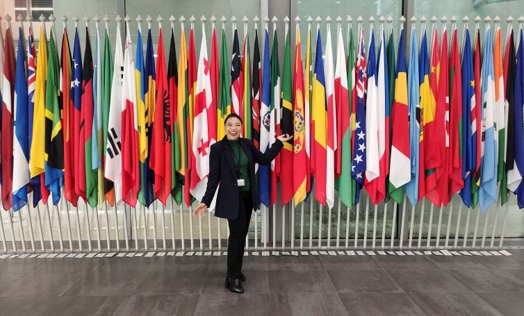 Human rights lawyer stands in front of a collection of flags at the International Criminal Court. She is wearing a black suit with a green top and is smiling.