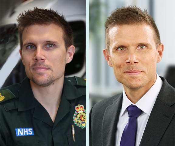 Ben Voller, as a paramedic (left), and as a trainee today (right).