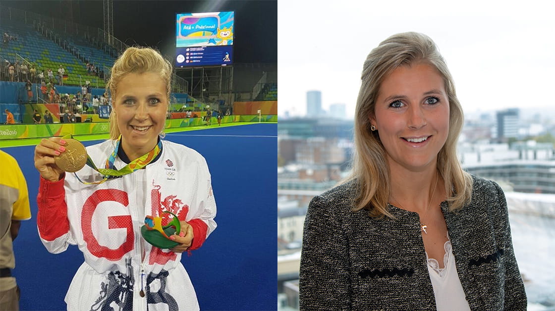 Side-by-side pictures of Georgie Twigg MBE, a white woman with shoulder-length straight blonde hair. On the left, she wears a Team GB jacket and stands smiling while holding up her gold Olympic medal at the Rio Olympics. On the right, she stands smiling in front of the London skyline wearing a grey blazer and white blouse.
