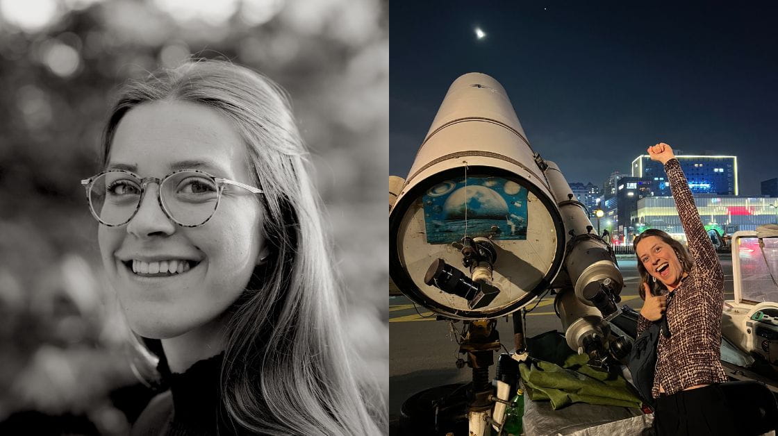Two images side by side. The first is a headshot of Octavie Ralet smiling. The second is taken after she has looked at the moon through a telescope in Xi'An China.