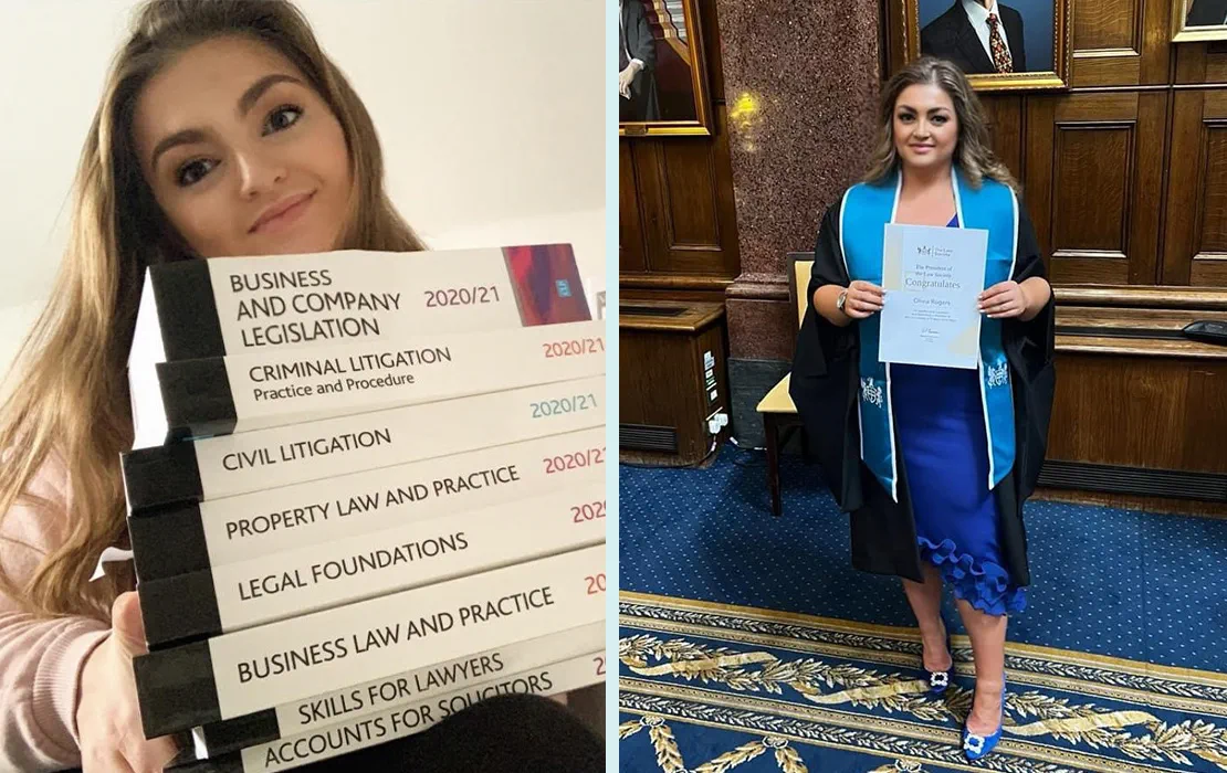 Solicitor Olivia Rogers holds up a stack of legal education books and smiles, alongside a photo of Olivia holding up a certificate in front of portraits at the Law Society.