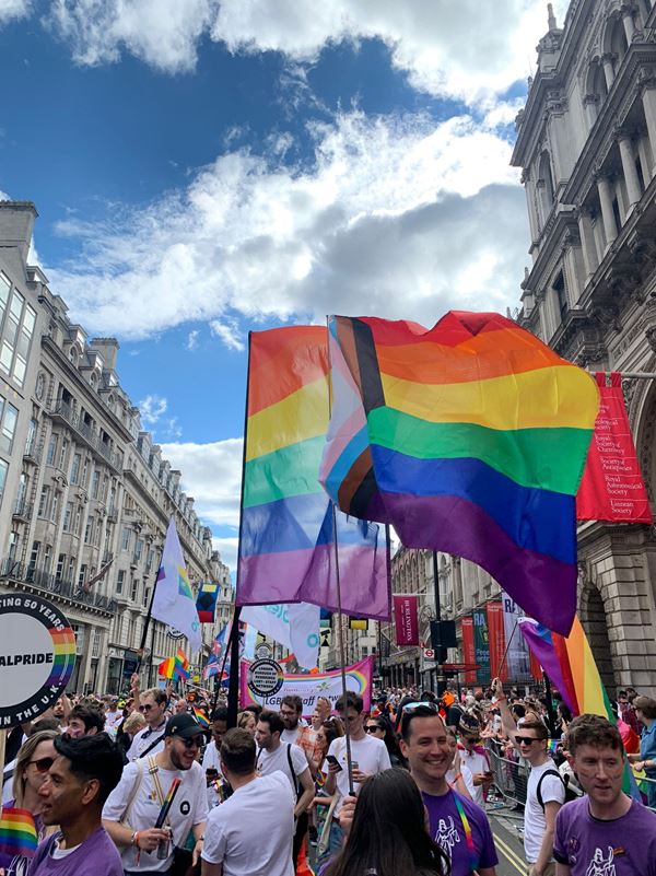 A large group of people gathered outside holding Pride flags.