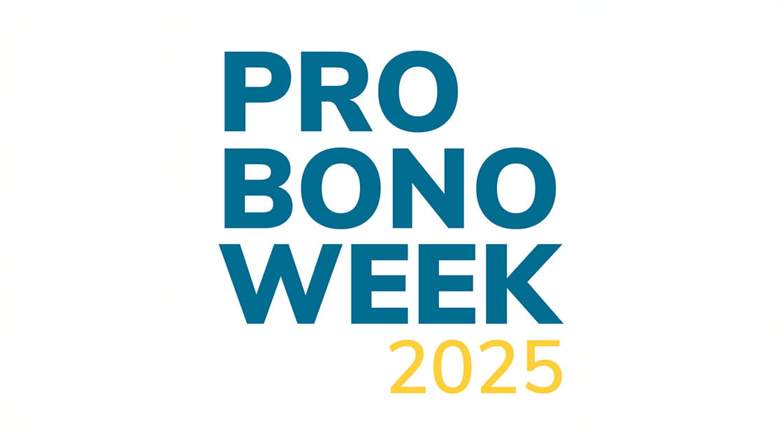Pro bono week 2025 logo, blue and yellow writing over a white background. 