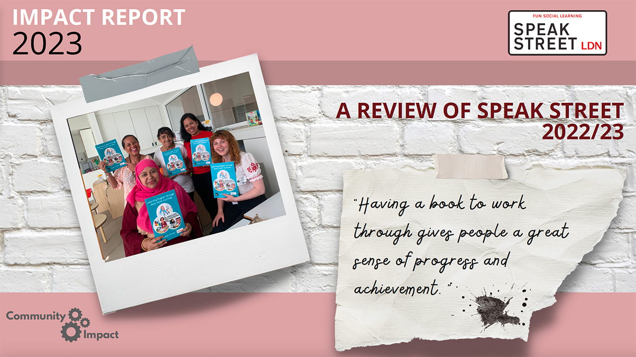 Impact report 2023, slide deck: polaroid style image of five women holding blue handbooks and smiling. Text reads:  A review of Speak Street 2022/23:  "Having a book to work through gives people a great sense of progress and achievement." Community Impact logo