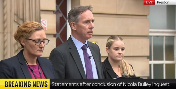 News coverage: Terry Wilcox and members of Nicola Bulley's family outside court giving statement after inquest. Text on screen reads: "Live | Preston | Breaking news: Statements after conclusion of Nicola Bulley inquest"