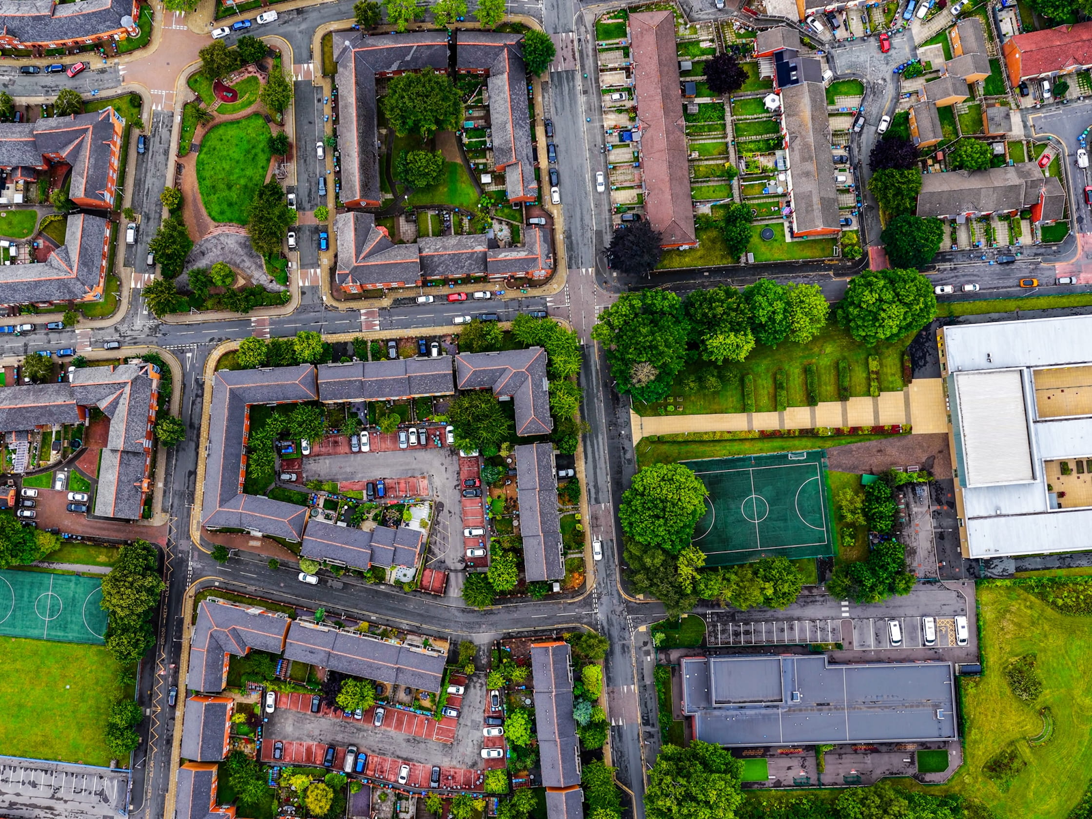 An aerial view of a residential neighbourhood.
