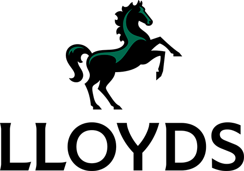 Lloyds logo: a black horse with green shadow rears above the word "Lloyds" in black .