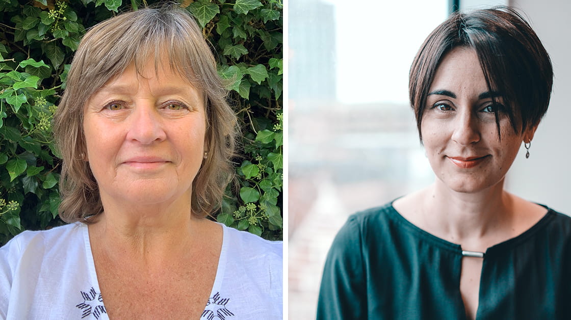 Elizabeth Rimmer (left) is a white woman with shoulder length grey-brown hair. She is smiling and wearing a white linen blouse. Mila Trezza (right) is a white woman with cropped dark brown hair. She is smiling and wearing a teal blouse.