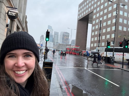 Rosie Burbidge standing by a road.